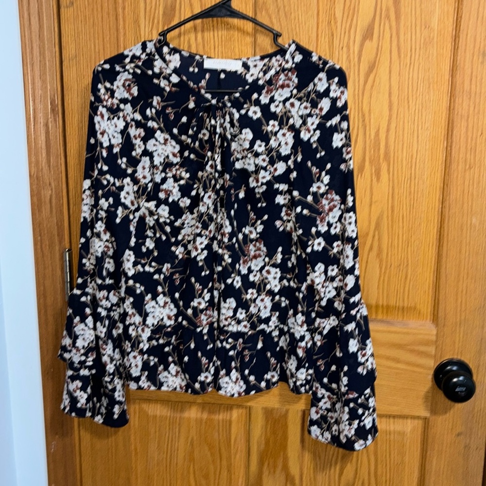 Ruffled Bell Long Sleeved Blouse, Rokoko, Navy/flower patterned shirt
